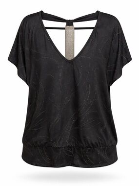 Reitmans Plus Black V-Neck Blouse 2X Rhinestone Back Detail Stretch Top